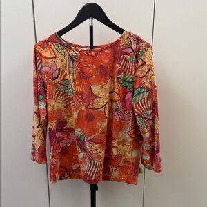 Coldwater Creek Vibrant Floral 3/4 Sleeve Top - Red, Pink, Green